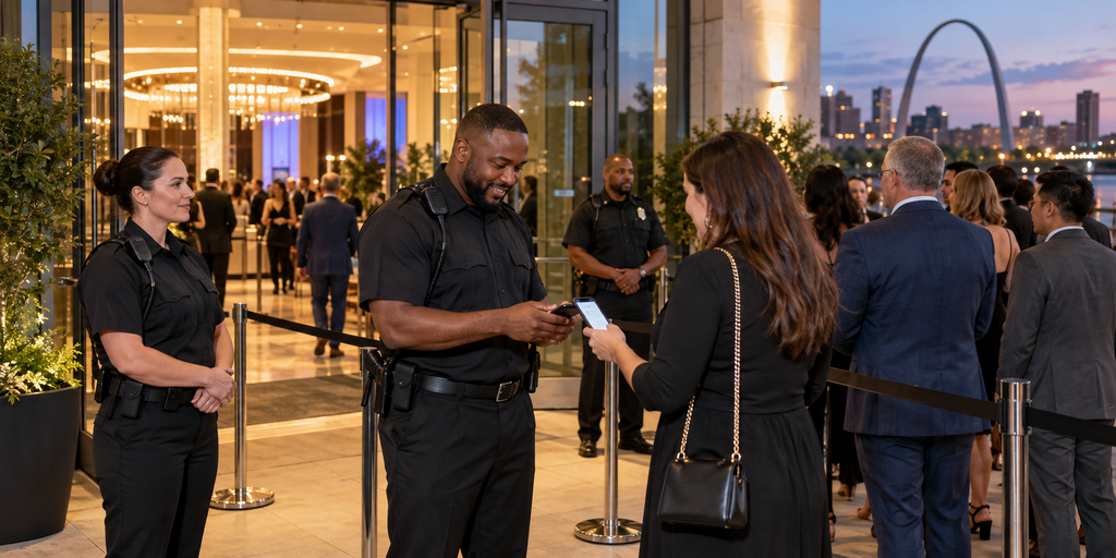 Event security officers managing guest access and crowd safety at a St. Louis venue.
