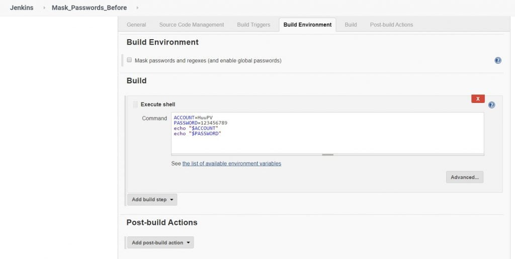 Hide password in Jenkins console 2 Jenkins Mask Passwords plugin