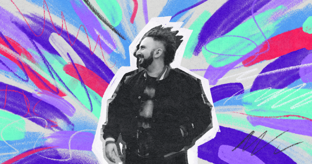 musician Eric Ventimiglia of 5606 with colorful illustrated background.