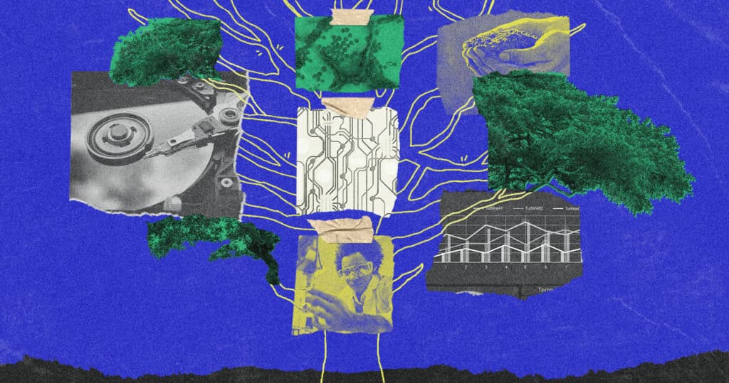 a collage of a tree with photos of hard drives, a scientist, graphs, and a hand holding earth.