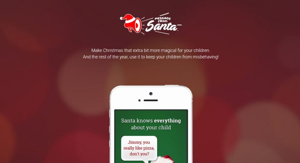 Landing page for "Message From Santa" app showing an iPhone screen with text "Santa knows everything about your child" and a personalized message.