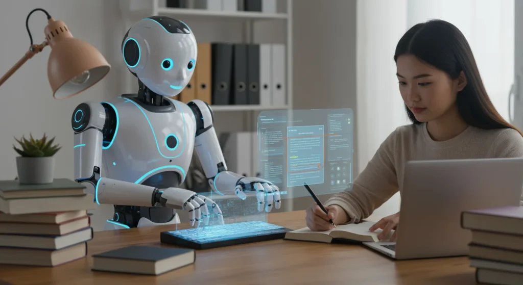 Generative AI tools for beginners — woman using AI writing assistant robot