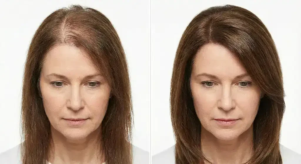Ultra-realistic clinical comparison showing menopause-related hair loss Ultra-realistic clinical comparison showing menopause-related hair loss