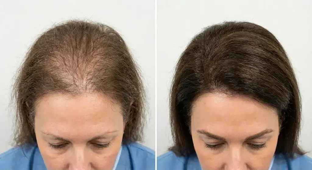 Ultra-realistic medical before-and-after image showing thyroid-related hair loss