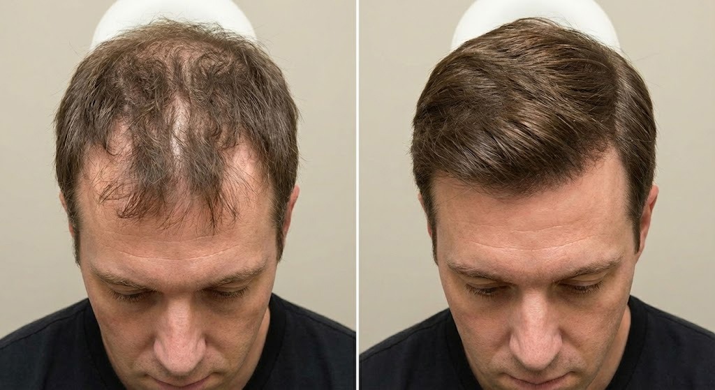 Ultra-realistic clinical comparison showing alcohol-related hair loss Ultra-realistic clinical comparison showing alcohol-related hair loss