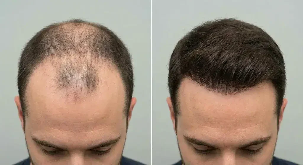 Ultra-realistic clinical comparison showing dihydrotestosterone (DHT)–related hair loss