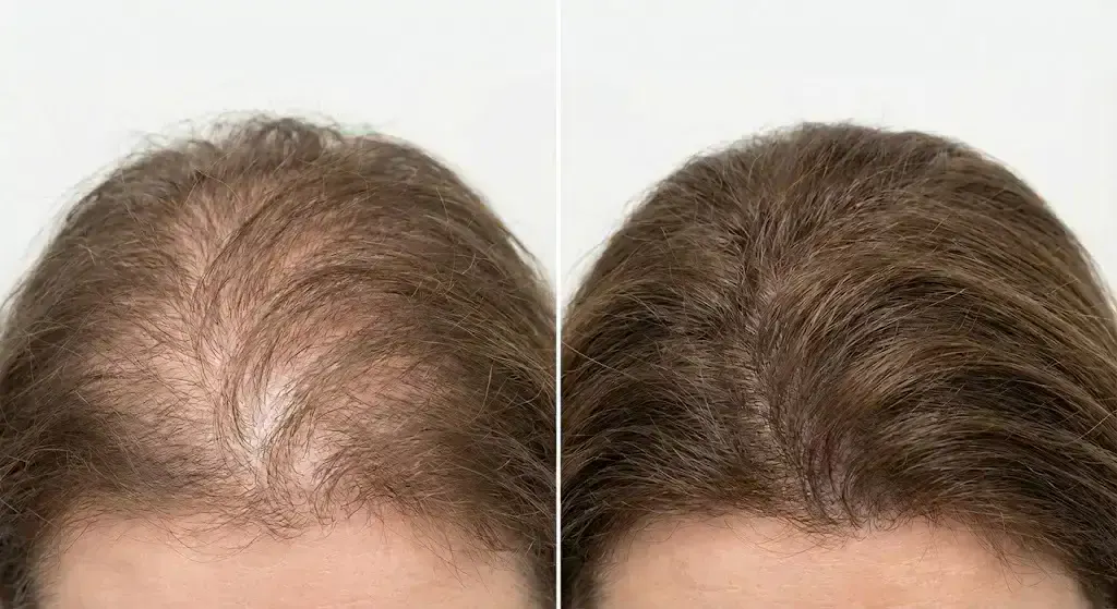Ultra-realistic medical before-and-after image showing metformin-related hair loss