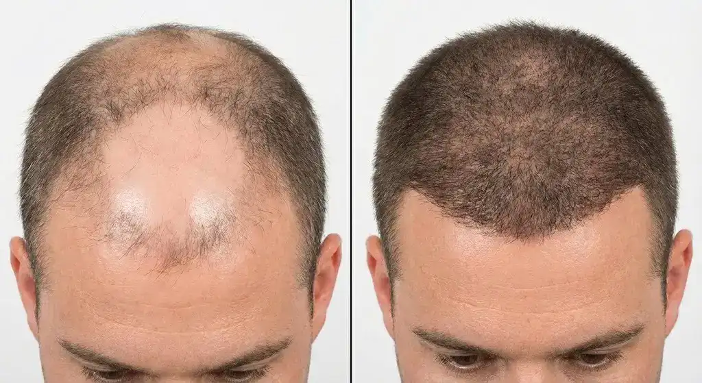 Immagine clinica ultra-realistica “prima e dopo” che documenta la perdita di capelli indotta dalla radioterapia e il risultato post-trapianto.