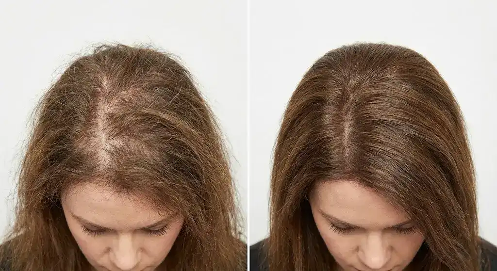 Ein ultrarealistischer klinischer Vergleich demonstriert den durch die Optavia-Diät induzierten Haarausfall. Ultrarealistischer klinischer Vergleich, der den durch die Optavia-Diät verursachten Haarausfall zeigt