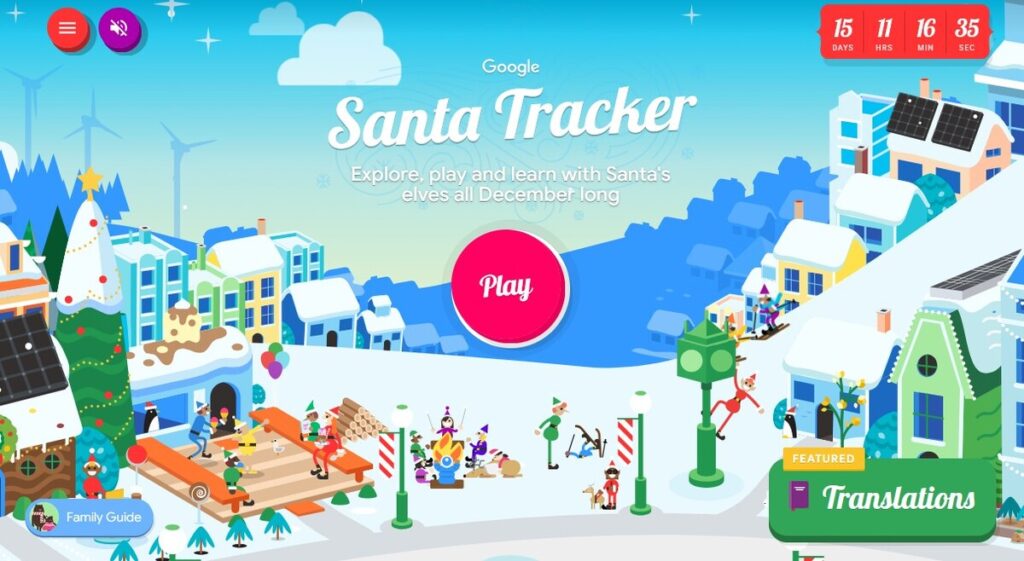 Screenshot of the Google Santa Tracker app showing the Christmas village, elves, and a countdown timer.