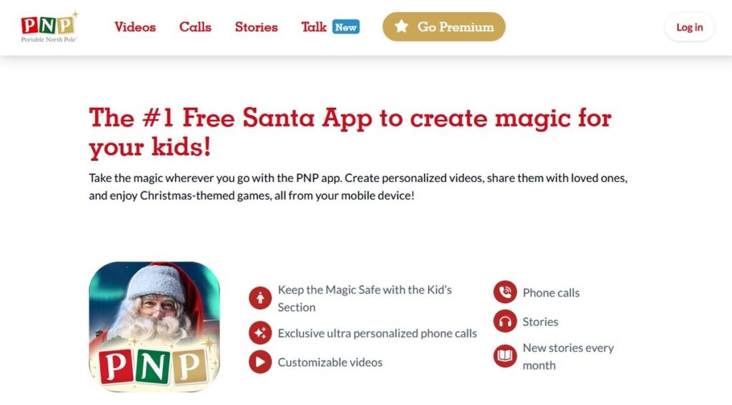 Screenshot of the Portable North Pole (PNP) app homepage detailing features like videos, calls, and stories with Santa.