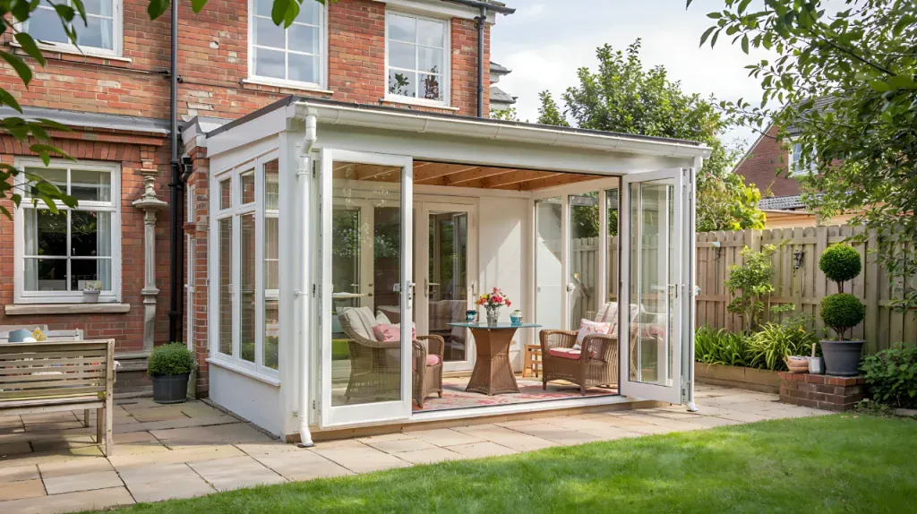 White uPVC orangery with bifold doors and solid roof extending from red brick house onto patio with garden furniture