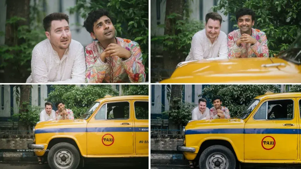 LGBTQ engagement photography by Adusyanti Chatterjee in old Kolkata—with yellow taxi.