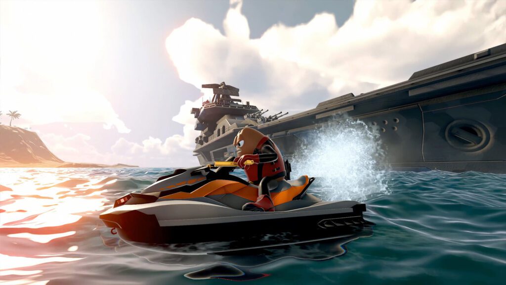Killer Bean pilotando moto aquática.