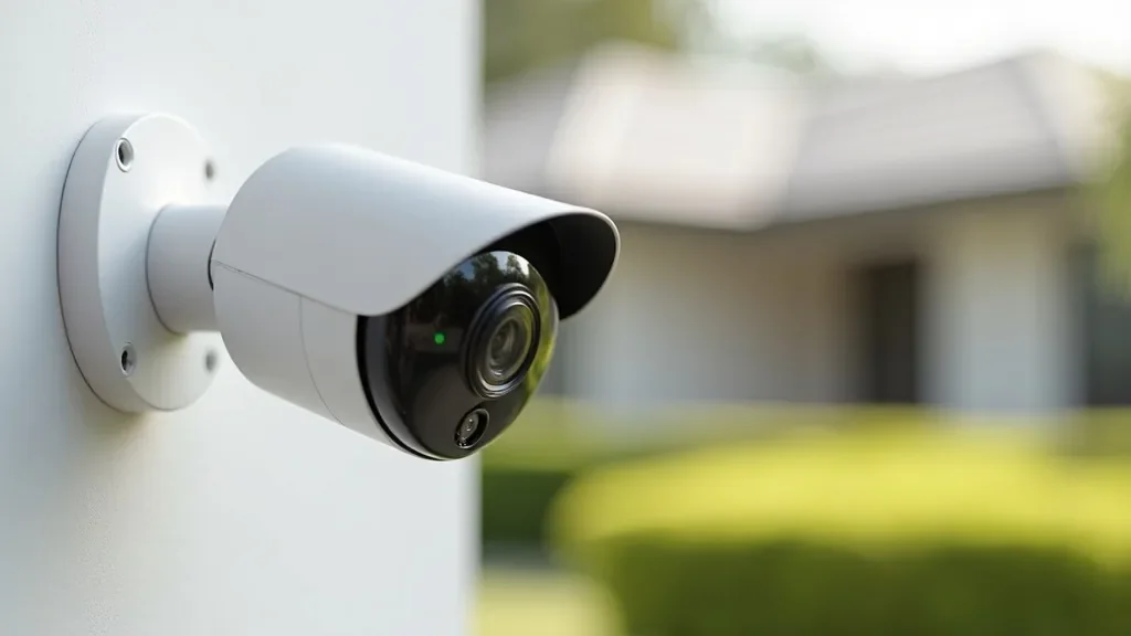 Modern AI-capable IP dome security camera mounted to a contemporary Sydney home for person and vehicle detection.