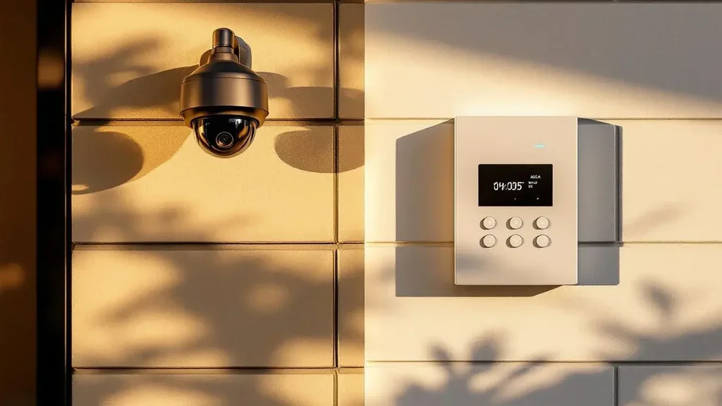 Residential CCTV camera and alarm keypad panel side-by-side on a Sydney home, showing both security system types