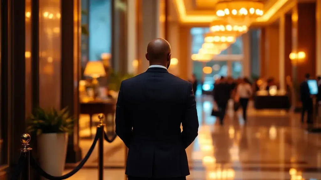 Sydney event venue entrance at night with a uniformed security guard checking in guests