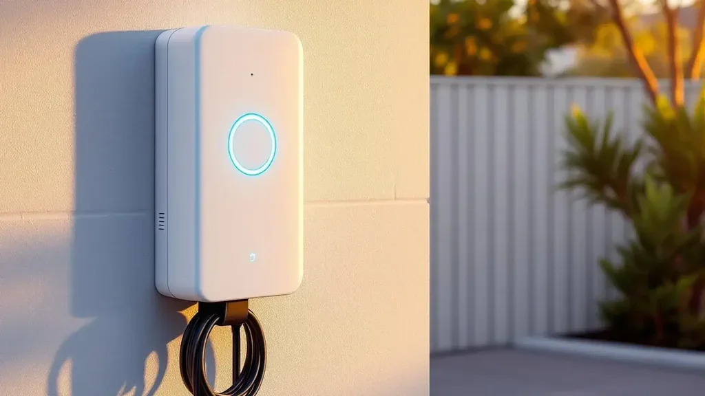 Smart EV wall charger with a circular LED display mounted on a cream brick wall of a Sydney home garage, late afternoon light