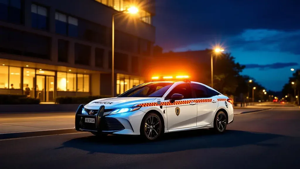 White mobile patrol security vehicle parked at a Sydney commercial site at dusk
