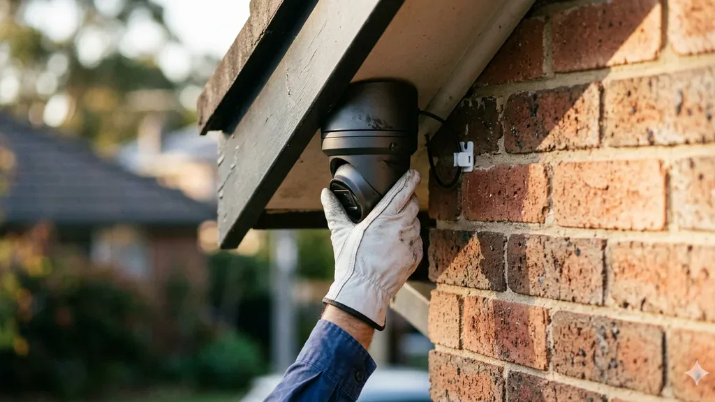 Installer adjusting the aim of a home CCTV camera in Sydney.