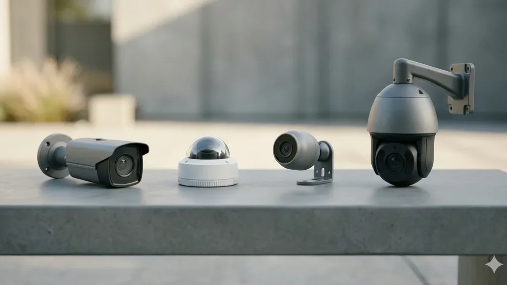 The four main CCTV camera types — bullet, dome, turret, PTZ — arranged for comparison.