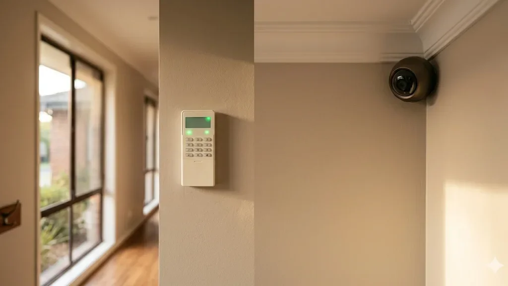 Home alarm keypad and CCTV camera on the same Sydney entry wall.
