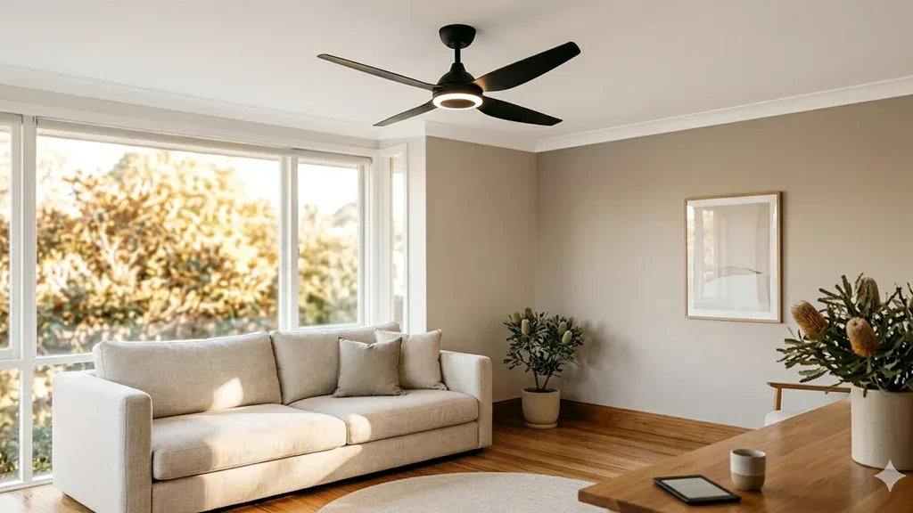 New matte-black ceiling fan installed in a Sydney living room.