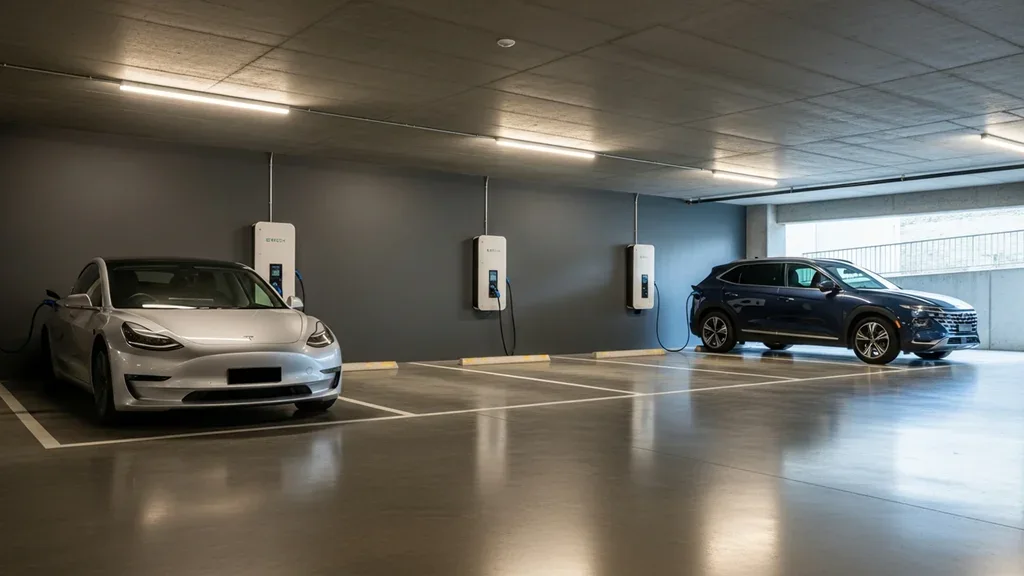 Commercial EV charger installation in a Sydney business car park by SRS Services.