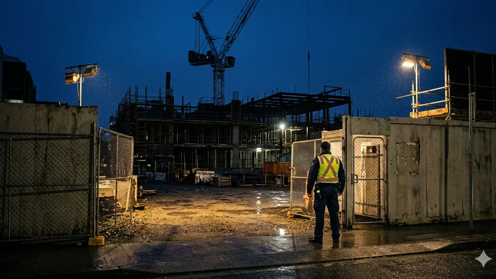 Construction site security guard at a Sydney night build.