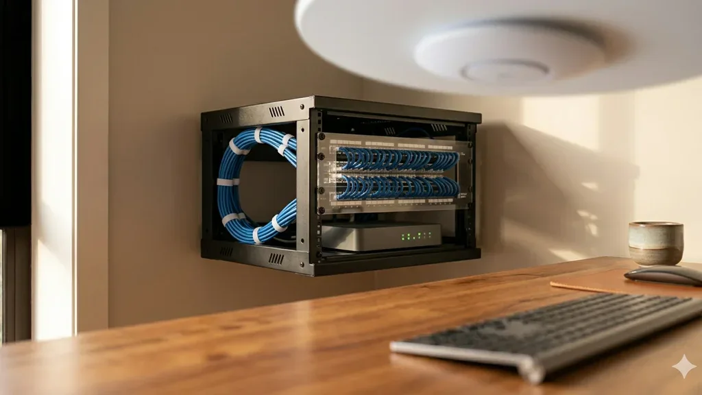 Home data cabling patch panel and Wi-Fi access point in a Sydney home office.