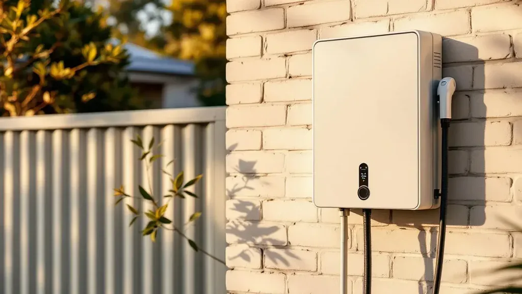 White Type 2 EV wallbox charger mounted on cream brick wall of a Sydney home garage, afternoon light