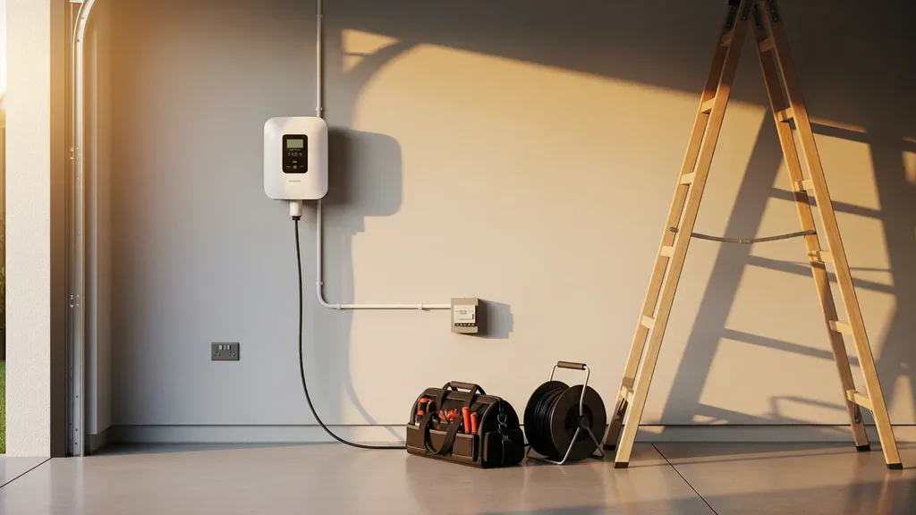 Near-complete EV charger installation at a Sydney home garage.