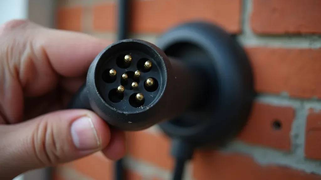 Hand inspecting the pins of a Type 2 EV charging plug during a routine maintenance check on a coastal Sydney home.