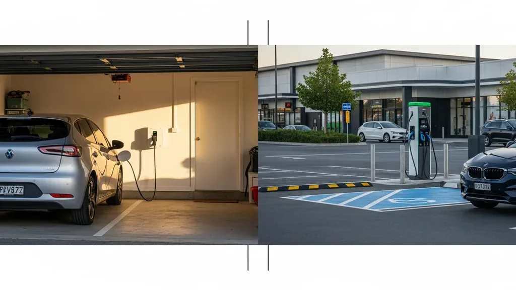 Home vs public EV charging in Sydney — residential garage setup compared to a public fast-charging bay.