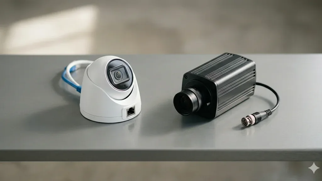 Modern IP camera compared with an older analogue CCTV bullet camera.