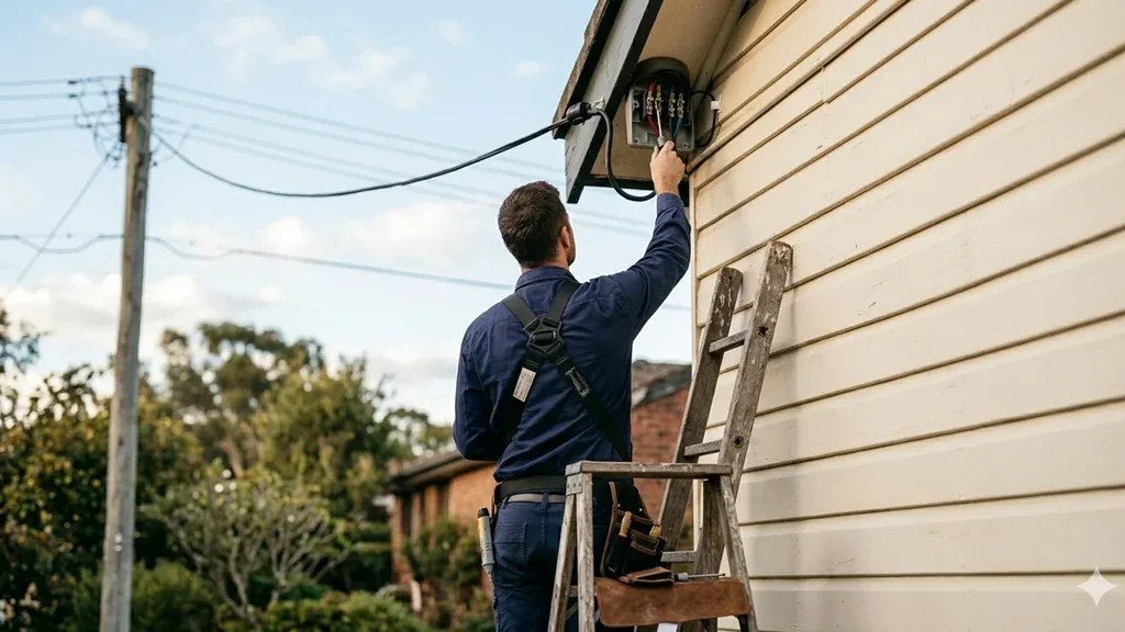 Level 2 electrician working on a Sydney home's overhead service connection.