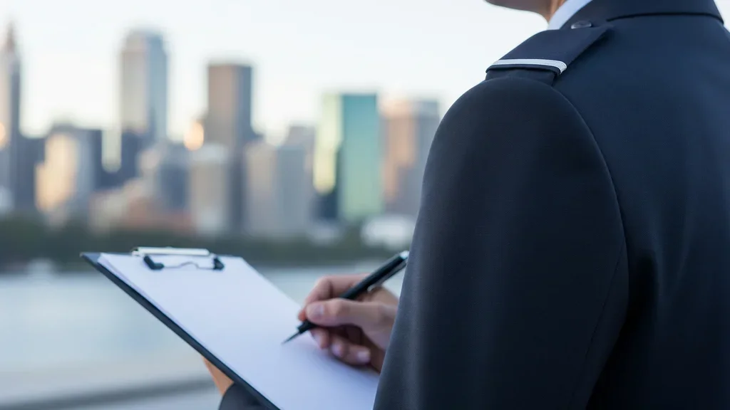 Security guard uniform and clipboard — pay rates in Sydney under the 2025-26 award.