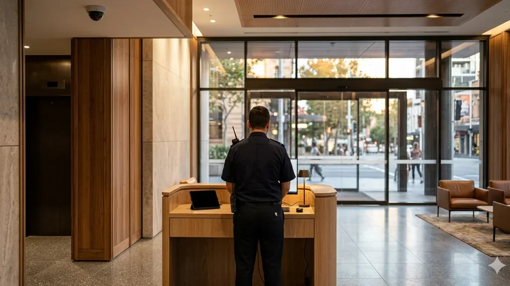 Concierge security in a Sydney strata apartment lobby.