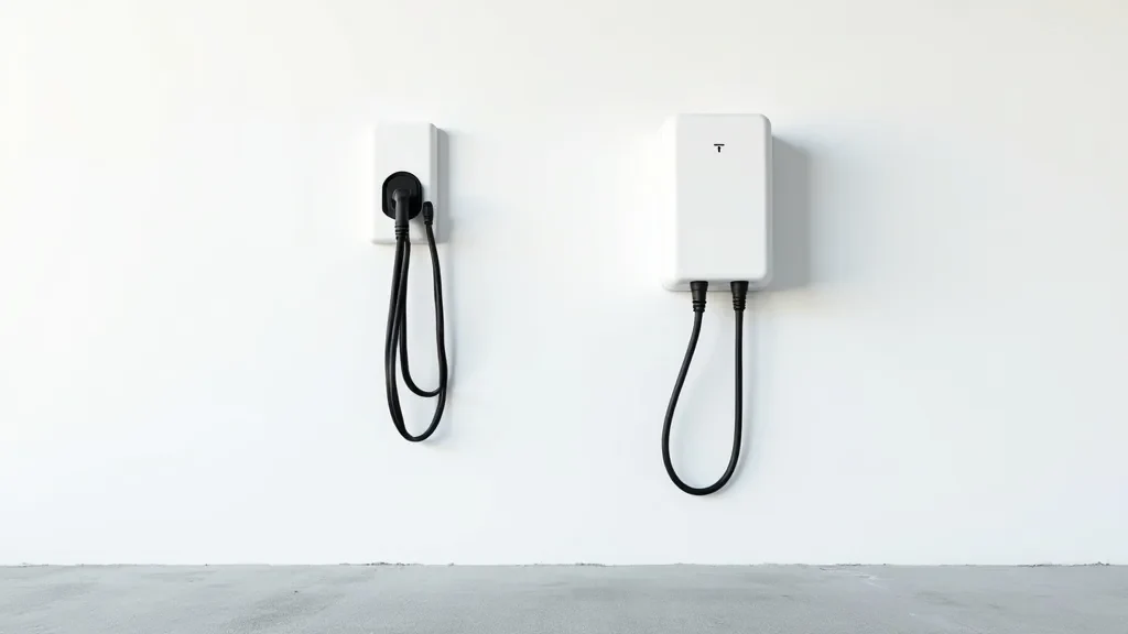 Tesla Wall Connector and a universal Type 2 EV charger mounted side by side on a Sydney garage wall for comparison.
