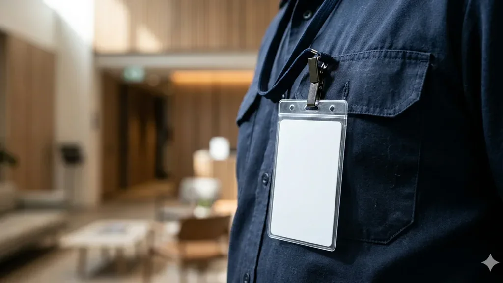 Security guard ID card on a lanyard — verifying NSW licences.