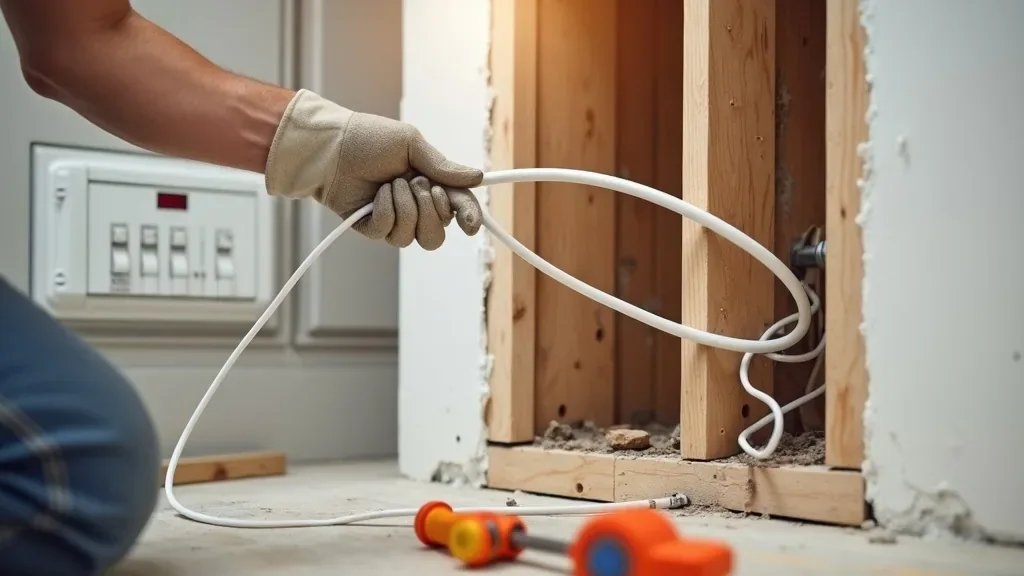 Electrician feeding new TPS cable into an exposed wall cavity during a whole-house rewire in a Sydney home.