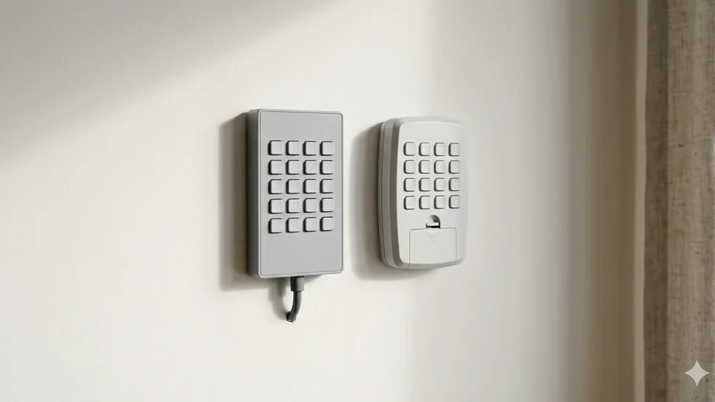 Wired versus wireless alarm system keypads for Australian homes.