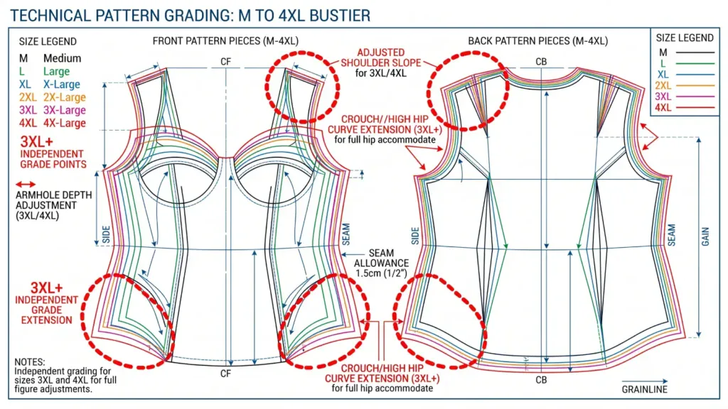 Plus size pattern grading technical illustration showing separate blocks for 3XL+