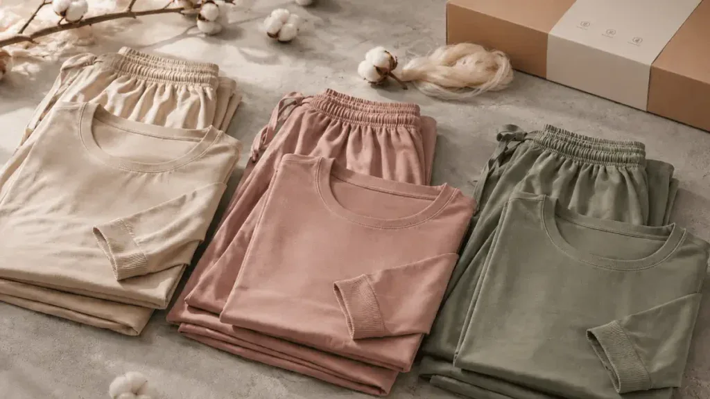 Cotton modal loungewear customization factory sample display, organic cotton modal bamboo fiber blend, OEKOTEX certified loungewear set tile, suitable for brand OEM and wholesale customization