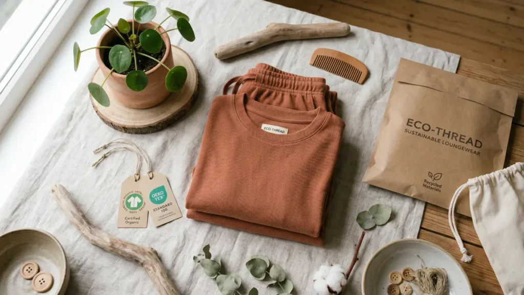 The concept of loungewear can be displayed, the organic cotton set is matched with GOTS and OEKO-TEX certification logos, environmentally friendly packaging and green plant props, reflecting the trend of green manufacturing in 2026