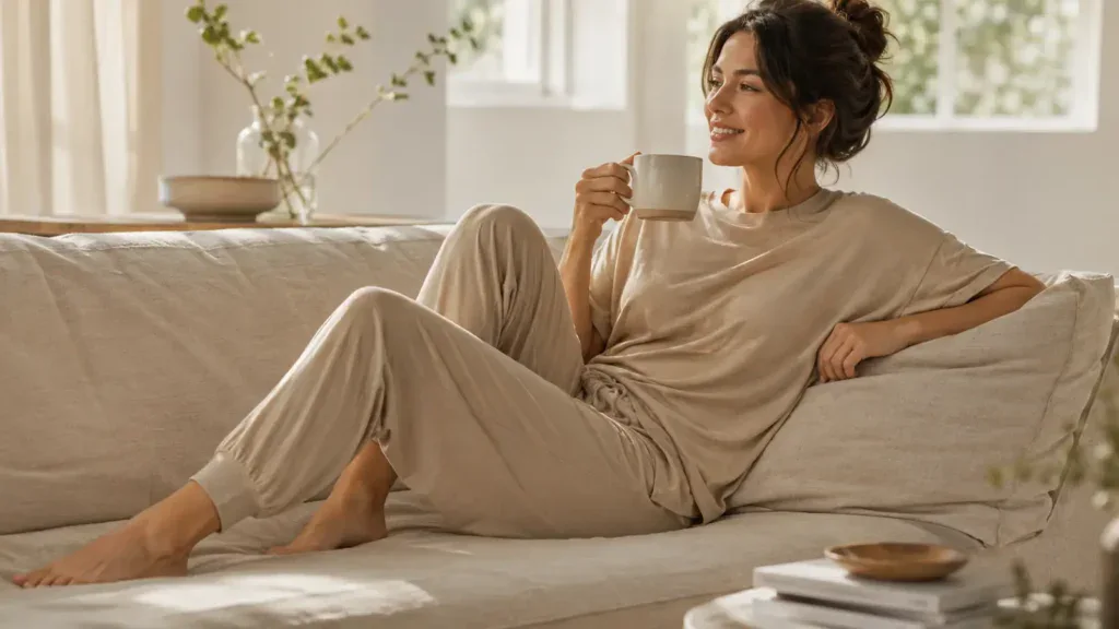Woman wearing a coordinated beige bamboo loungewear set on a sunlit linen sofa, relaxed home lifestyle, breathable sustainable fabric.