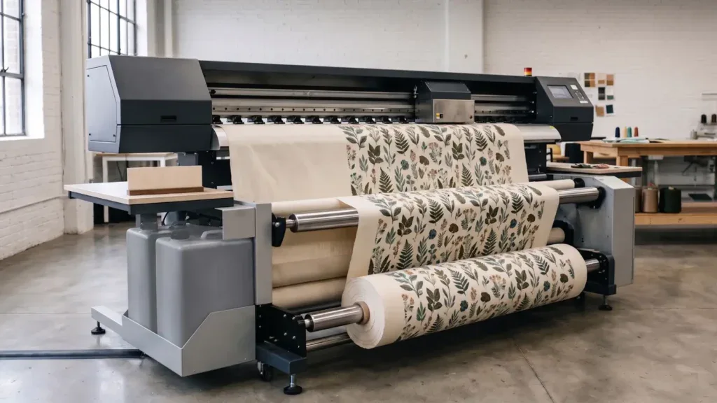 A wide clean studio shot of a print machine ink onto organic cotton fabric, a tidy modern environment, showing safe sustainable printing.