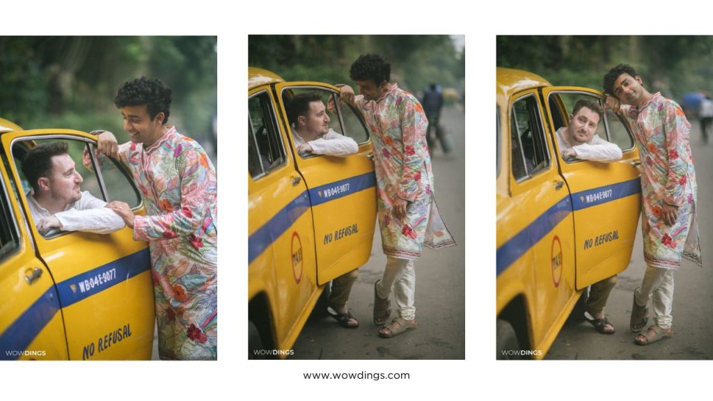 same sex engagement photography by Adusyanti Chatterjee in old Kolkata—with yellow taxi.
