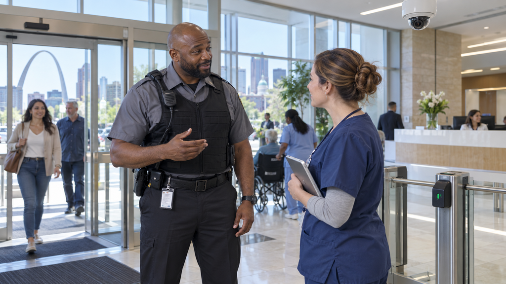 Healthcare security officer monitoring a medical facility entrance in St. Louis.
