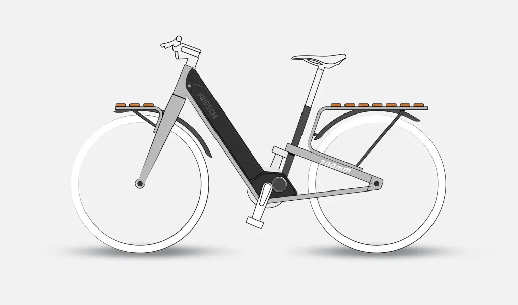 Vues de côté des esquisses du cadre ouvert du vélo électrique IWEECH Promenade